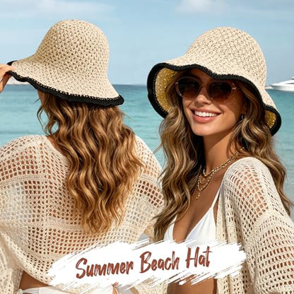Sun Hat for Women Summer Straw Beach Hats Bucket Hat Floppy Crochet Hat - color: Beige/Black