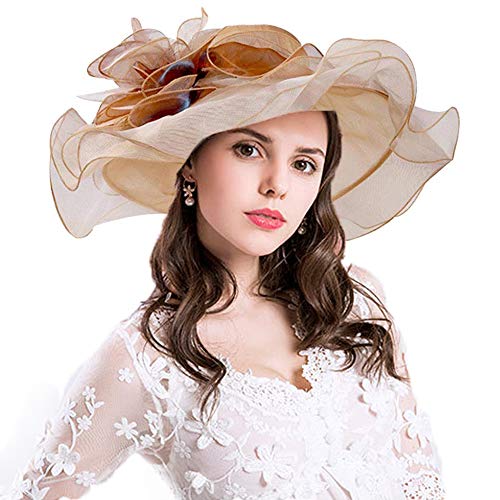 Women Oganza Sun Hat Church Wide Brim Wedding Formal Fascinator Hat - color: Light Blue & Light Yellow
