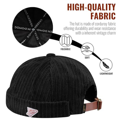 CLAPE Brimless Beanie Hat Corduroy Watch Cap Rolled Cuff Docker Cap Leon Skull Harbour Hat Unisex - color: Gd168-black