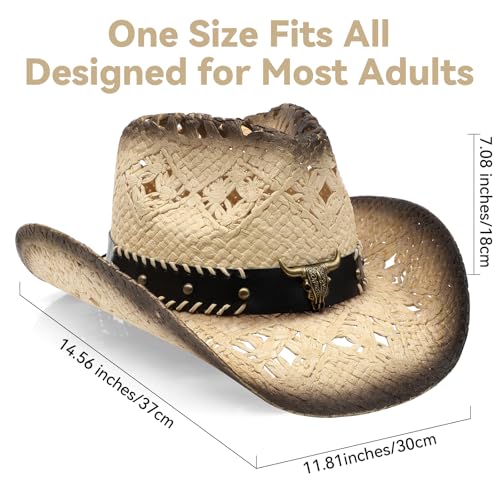 WQWOVRVO Cowboy Hat,Cowgirl Hat,Straw Cowboy Hats for Women/Men Wide with Shapeable Brim - color: Apricot&brown Color