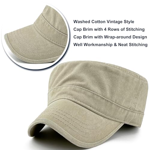 Washed Cotton Military Hat Cadet Cap Army Flat Top Basic Everyday - color: Khaki, size: X-Large-XX-Large