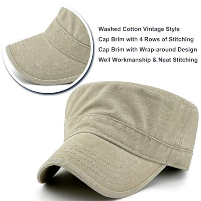 Washed Cotton Military Hat Cadet Cap Army Flat Top Basic Everyday - color: Khaki, size: X-Large-XX-Large