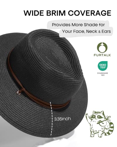 FURTALK Sun Hat Panama Fedora Straw Beach Hat with Wind Lanyard UPF - color: Black, size: Large-X-Large