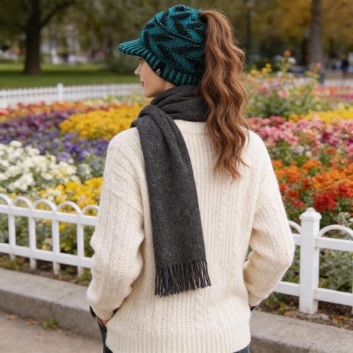 Women's BeanieTail Warm Knit Hat Messy High Bun Ponytail Visor Beanie Cap - color: B341-blue, size: Medium