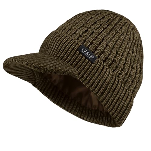 Womens Satin Lined Winter Beanie Hat with Brim Visor Warm Knit Baseball Cap - color: Brown