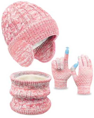 Kids Winter Hat Gloves Scarf Set,Toddler Girls Boys Beanie Hat with Earflaps,Knit Mittens & Neck Gaiter Warmer for Kids 4-12 - color: Watermelon Red Mix