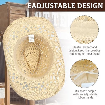 J.CARP Straw Cowboy Hat Cowgirl Hat Cowboy Hats Wide Brim Western Cowboy with Decorative Band - color: Style3