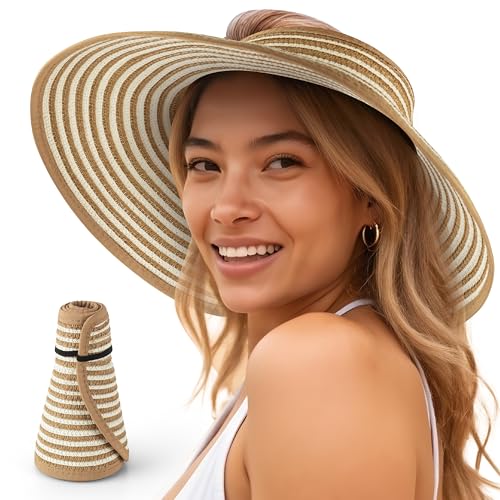 Women’s Sun Visor - UPF 50+ Protection, Wide Brim, Adjustable, Ponytail-Friendly, Packable - Ideal for Travel & Beach - color: Straw Stripes