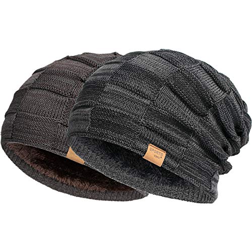 Vgogfly Slouchy Beanie for Men Winter Hats for Guys Cool Beanies Mens Lined Knit Warm Thick Skully Stocking Binie Hat Pairs - color: Black / Coffee
