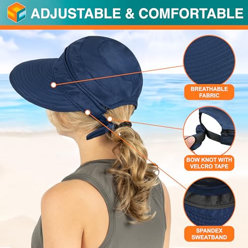SUN CUBE Womens Sun Hat UV Protection Wide Brim Zip-Off Golf Visor - color: Navy