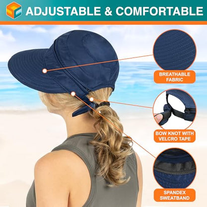 SUN CUBE Womens Sun Hat UV Protection Wide Brim Zip-Off Golf Visor - color: Navy