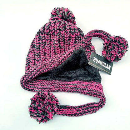 HUAMULAN Women Winter Sherpa Knit Beanie Hat Fleece Lined Ear Flaps - color: Rose Red