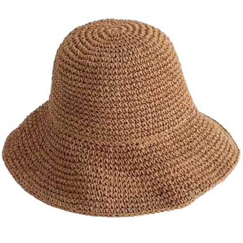 KORADI Womens Sun Hats Straw Hat Summer Beach Hats Foldable Floppy Cap Wide Brim Woven Bucket Hat - color: Khaki