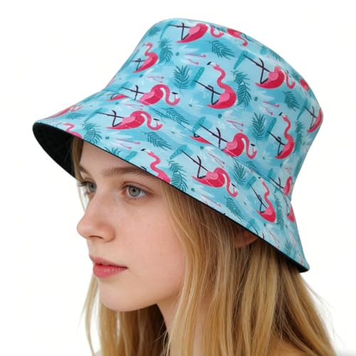 Summer Reversible Bucket Hat - Packable Cute Pineapple Sun Hat for Beach, Golf, Fishing, Travel, Outdoor for Women Men - color: Flamingo 01
