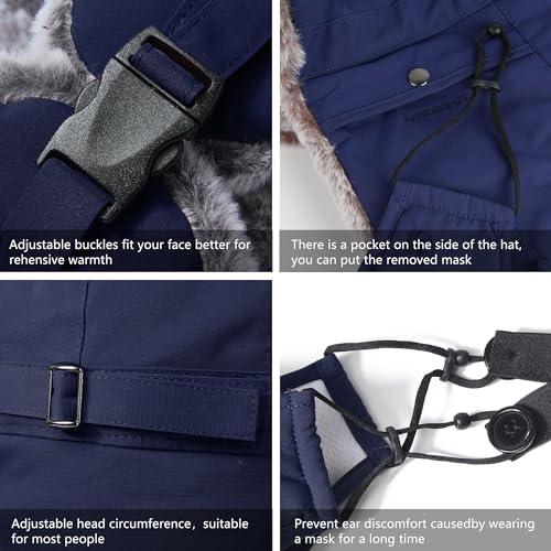 GADIEMKENSD Winter Trapper Hat with Ear Flap Chin Strap and Windproof Mask - color: Navy, size: 6 3/4-7 1/4