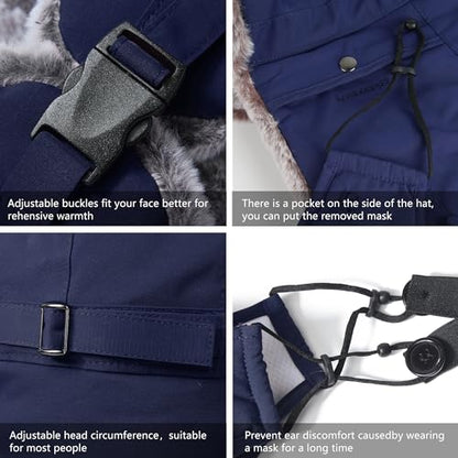 GADIEMKENSD Winter Trapper Hat with Ear Flap Chin Strap and Windproof Mask - color: Navy, size: 6 3/4-7 1/4
