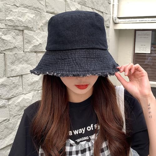 Quanhaigou Frayed Unisex Sun Hats, Fashion Beach Bucket Hat for Men Women,Summer Outdoor Boy's Girls Boonie Cap - color: Denim Black