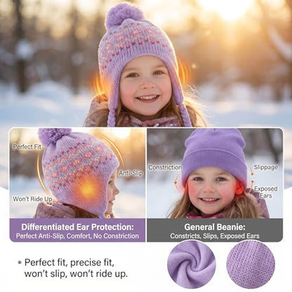 Moon Kitty Girls Knit Hats Winter Fleece Lining Skiing Winter Caps with Warm Ear Flap - color: Purple, size: 6-10 Years