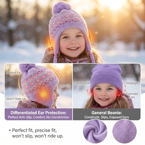 Moon Kitty Girls Knit Hats Winter Fleece Lining Skiing Winter Caps with Warm Ear Flap - color: Purple, size: 3-5T