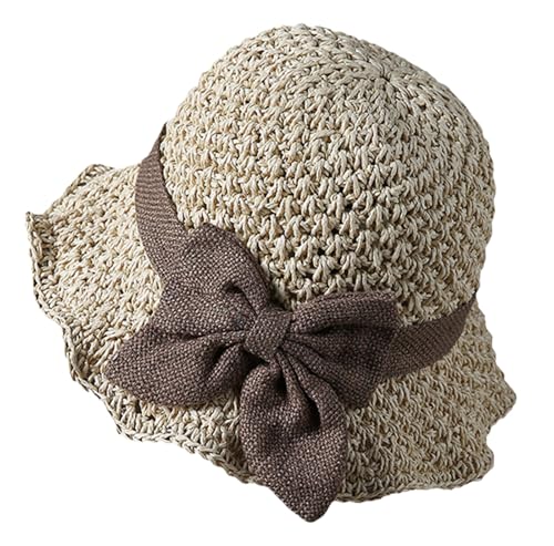 Woven Straw Sun Hat Women Elegant Summer Beach Bucket Cap Wide Brim Travel Sun Hat Stylish Handmade Packable - color: Beige