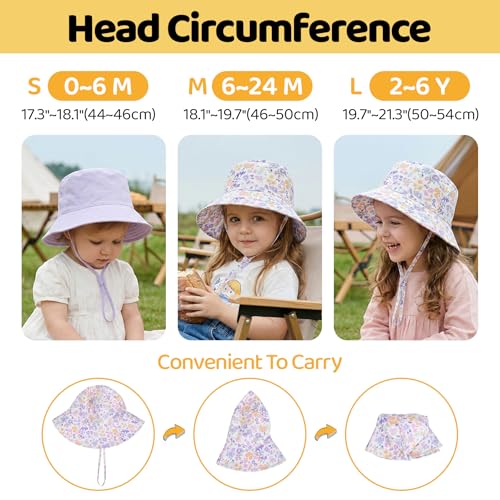 Toddler Bucket Hats UPF 50+ Baby Sun Hat Adjustable Kids Sun Protection Summer Hat Wide Brim Beach Hat for Boys Girls 0-6Y - color: Purple+purple Flower, size: 6-24 Months