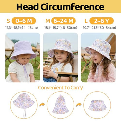 Toddler Bucket Hats UPF 50+ Baby Sun Hat Adjustable Kids Sun Protection Summer Hat Wide Brim Beach Hat for Boys Girls 0-6Y - color: Purple+purple Flower, size: 2-6 Years