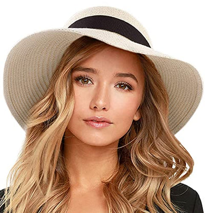 FURTALK Womens Beach Sun Straw Hat Wide Brim UV Protection Travel Hat - color: Pure Beige, size: Medium-Large