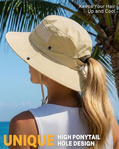 Women's Sun Hat Sun Protection Wide Brim Bucket with Ponytail Hole Summer - color: Khaki