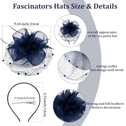 Semato Fascinators Hats for Women Mesh Feathers Elegant Navy Blue Tea Party Kentucky Hat Derby Headband with Hair Clip - color: Navy Blue