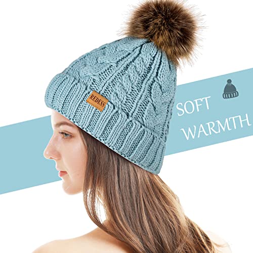 REDESS Women Winter Pompom Beanie Hat with Warm Fleece Lined Thick Slouchy Snow Knit Hat Skull Ski Cap - color: Blue