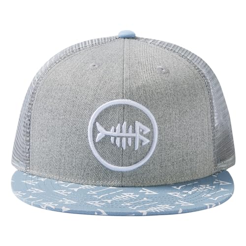 BASSDASH Flat Brim Trucker Cap Adjustable Snapback Hat Mesh Back for Men Women - color: Heather Grey and Blue