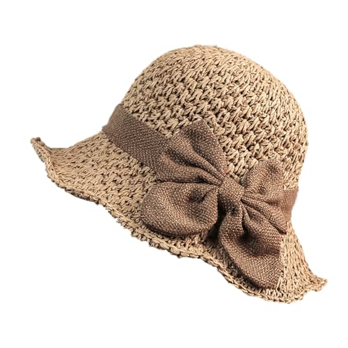 Beach Straw Sun Hat for Women French Foldable Summer Beach Wide Brim Hat Travel Straw Fedora Hat - color: Khaki
