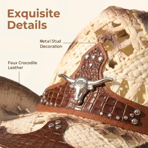 Straw Cowboy Hat for Men Women, Breathable Lightweight - color: Brown-m