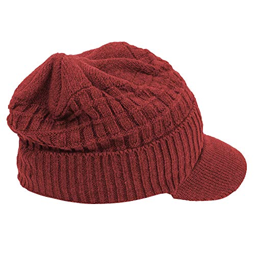 Original One Winter Wool Knitted Chunky Visor Beanie Hat with Brim Fur Lined Peaked Ski Cap - color: Red