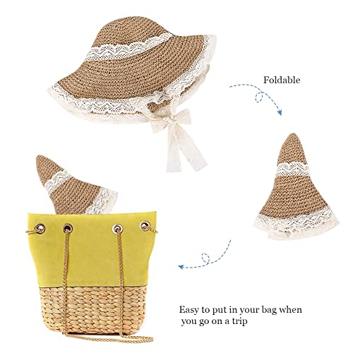 Women Wide Brim Straw Sun Hat Floppy Beach Cap UV Protection Crochet Bucket Hat Packable Summer Travel Hat with Lace Brim - color: Khaki