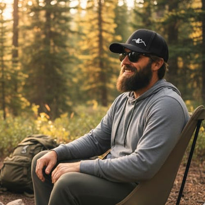 LINDO Trucker Hat [ Great Outdoors Design ] for Men and Women: Mid Profile Cap with Breathable Mesh Back and Adjustable Snap - color: Black