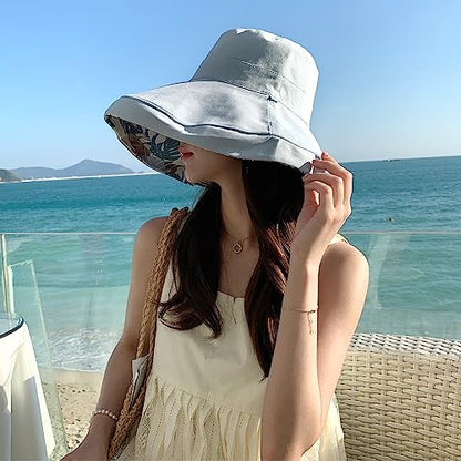 HUAMULAN Women Summer Vacation Wide Brim Sun Hat Reversible Fishing Hats - color: Blue