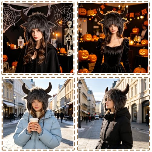 XGOPTS Winter Faux Fur Plush Hat with Horns Warm Animal Horn Ox Earflap Hat - color: Cofffee