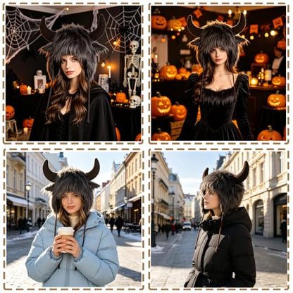 XGOPTS Winter Faux Fur Plush Hat with Horns Warm Animal Horn Ox Earflap Hat - color: Cofffee