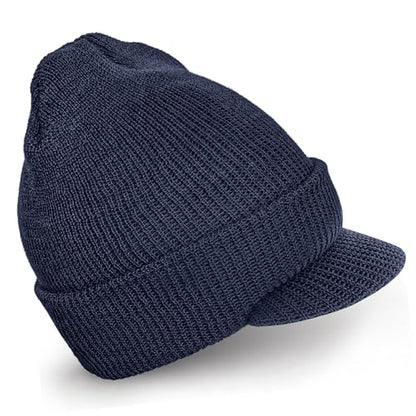 Genuine G.I. Winter Beanie Cap with Visor, 100% Knitted Wool, Double-Layer Winter Hat, Made in USA - color: Navy