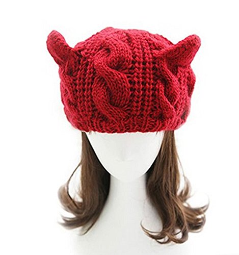 Women Winter Wool Baggy Beret Beanie Cute Devil Cat Ear Crochet Braided Knit Hat Ski Cap - color: Red
