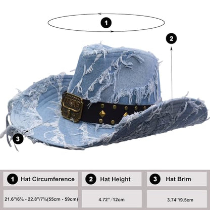 Western Cowboy Hat for Man Women Classic Cowgirl with Buckle Belt Shapeable Wide Brim Outback Hat - color: Blue1