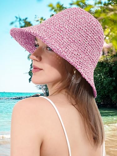 Womens Sun Hat Handmade Crochet Straw Bucket for Summer Foldable Travel Cap - color: Beige & Rose