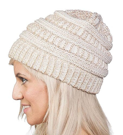 Gravity Threads Knit Soft Stretch Beanie Cap - color: Gold/Ivory