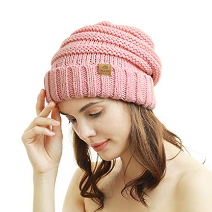 Womens Winter Beanie Warm Knit Hat Cable Stretch Trendy Ribbed Chunky Cap - color: Pink