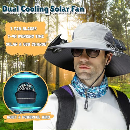 Outdoor Wide Brim Sun Hat with 2 Solar Fan Sun Bucket Hat for Men Women UPF 50+ Bucket Fishing & Beach Hat with Fan Built in - color: A Khaki