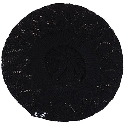 BYOS Chic Parisian Style Soft Lightweight Crochet Cutout Knit Beret Beanie Hat - color: 2-pack Leafy White & Black