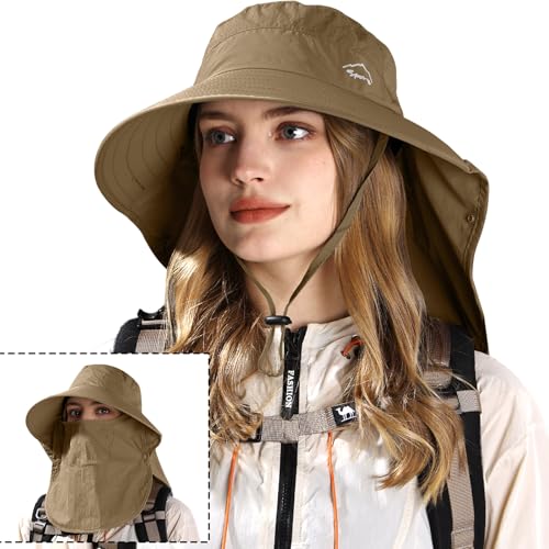 Rosoz Sun Hat for Men Women with Neck Flap& Removable Face Cover Wide Brim - color: 1pack-brown