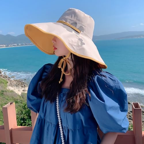 HUAMULAN Women Summer Vacation Wide Brim Sun Hat Reversible Fishing Hats - color: Beige Yellow With Butterfly