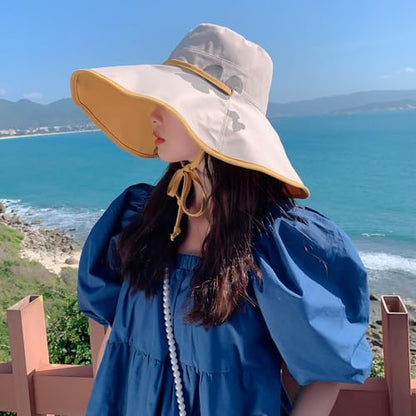 HUAMULAN Women Summer Vacation Wide Brim Sun Hat Reversible Fishing Hats - color: Beige Yellow With Butterfly